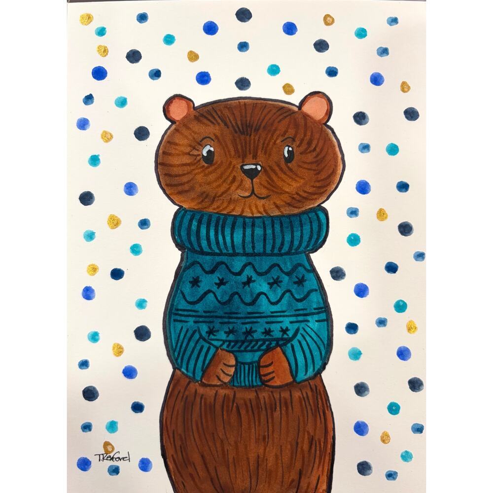 Hand painted watercolor original painting otter in a sweater